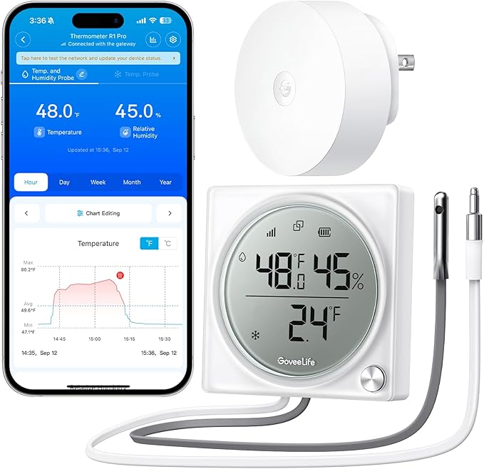 GoveeLife Upgraded WiFi Freezer Temperature Pro with Alarm, Wireless Digital Refrigerator Thermometer Hygrometer with App Email Notification, LCD Display, Free Data Export, for Fridge Kitchen Farming