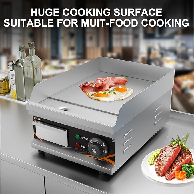 Commercial Electric Griddle, 1500W Electric Countertop Flat Top Griddle with Thermostat, 12" Stainless Steel Flat Top Grill, Non-Stick Teppanyaki Grill for Home & Restaurants