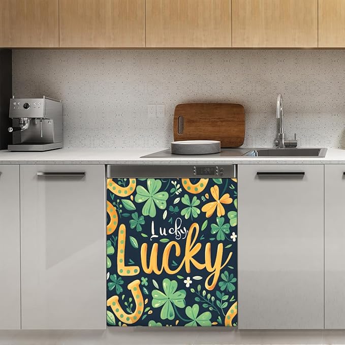 Lucky Straw Green Flower Letter Dishwasher Magnet Cover, Reusable Refrigerator Panel Stickers Microwave Front Door Covers Magnets for Kitchen Home Appliances Holiday Party Decorations 23 X 26 in