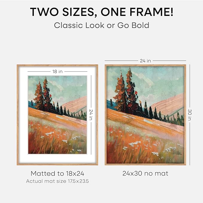 Homeforia 24x30 Picture Frame Wood, High End Natural Oak 24 x 30 Frame with Mat 18 by 24, 24x30 Light Wooden Poster Frames Matted to 18x24 Photo, 30by24 Large Frame, Tempered Glass, Wall Kit, Set of 3