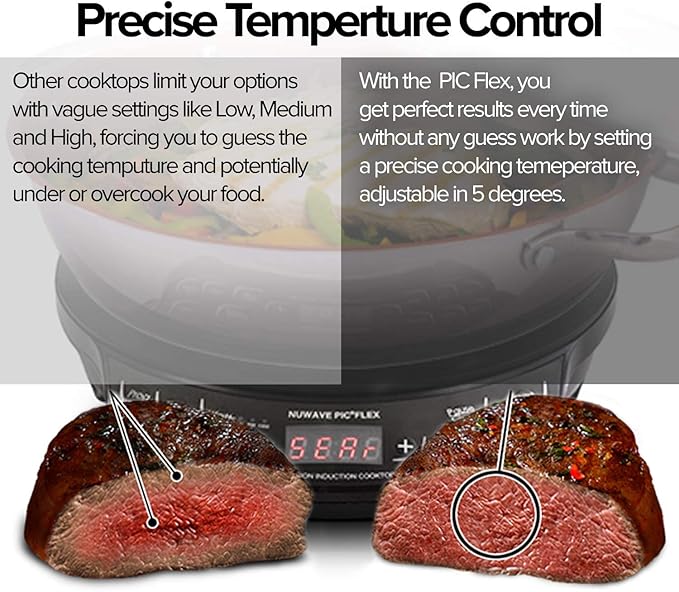 NUWAVE Flex Precision Induction Cooktop, 10.25” Shatter-Proof Ceramic Glass, 6.5” Heating Coil, 45 Temps from 100°F to 500°F, 3 Wattage Settings 600, 900 & 1300 Watts, 9” Duralon Ceramic Pan Included
