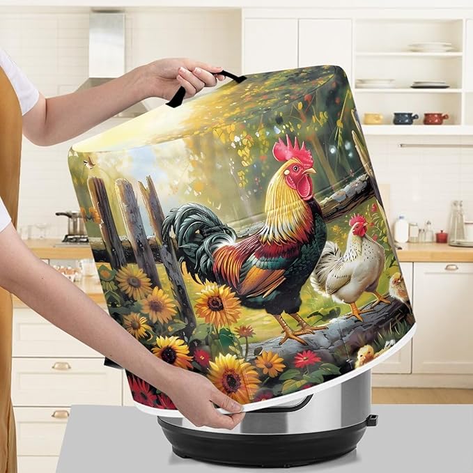 Small Appliance Covers for 8 Quart Air Fryer & Pressure Cooker Air Fryer Cover Dust Cover, Easy to Clean Kitchen Appliance Accessories with Pockets, Rooster Flower