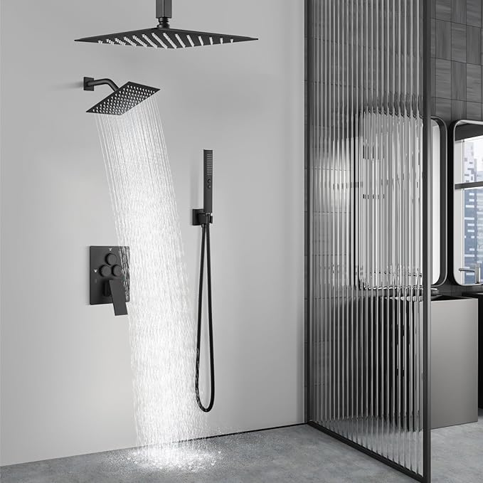 Aolemi Shower Faucet Set Ceiling Mount Shower System Rough-in Valve and Shower Trim Kit 2 in 1 Handheld Spray Push Button Diverter 16 and 6 Inch Dual Shower Head Matte Black