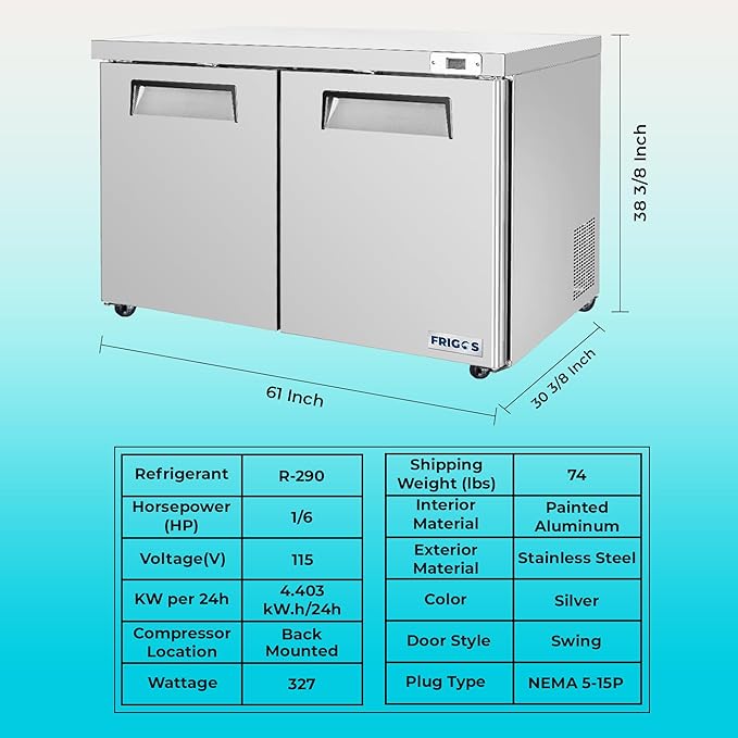 Frigos FG-UCFZ-60 60" 14.1 Cu Ft Commercial Undercounter Freezer Silver - ETL Certified Stainless Steel, LED Lighting - Perfect for Commercial Kitchens - Low Energy Freezer Included Liftgate
