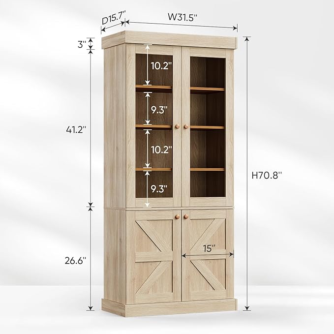 Vyre 71" Tall Farmhouse Kitchen Pantry – Large Storage Cabinet with Glass Doors & Adjustable Shelves, Versatile Wood Hutch for Living Room & Dining Room, Brown