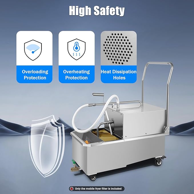 Mobile Fryer Filter Machine, 55 L /14.5 Gal Commercial Oil Filler Cart Truck Separator with Filter Papers, 550W Stainless Steel Cooking Oil Filtration System for Supermarket, Restaurant