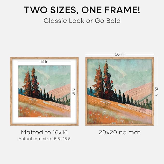 Homeforia 20x20 Wood Picture Frame, High End Natural Oak 20 x 20 Square Light Wooden Frames with Mat 16 by 16 inch Photo, 20by20 Poster Frames Matted to 16x16 Print, Tempered Glass, Wall Kit, Set of 4