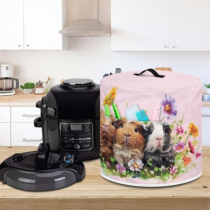 Cute Guinea Pig Pressure Cooker Cover Kitchen Appliance Dust Cover with Pockets and Top Handle, Black, Polyester Blend, Waterproof