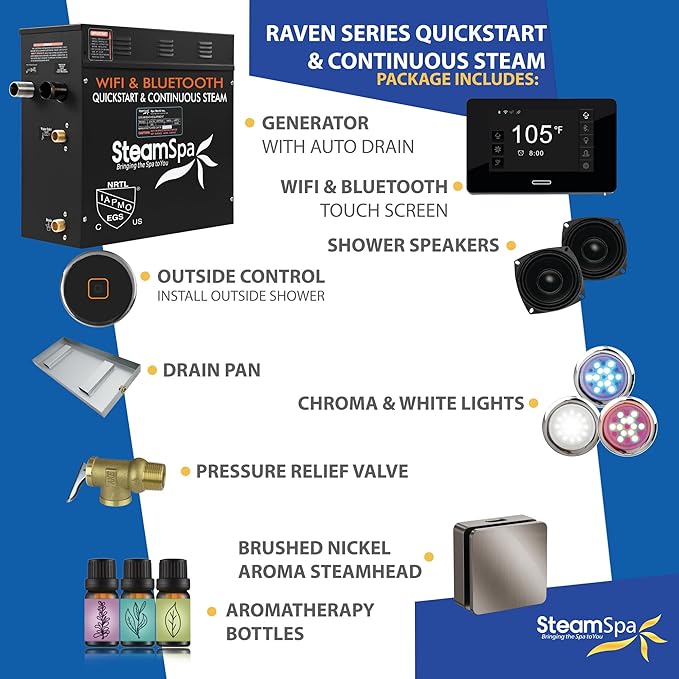 SteamSpa Steam System 6kW Steam Shower Generator with Bluetooth Wifi, Quickstart Continous Steam, Advanced Touch Pad Screen, Chroma Lights, Drain Pan and Auto Drain Brushed Nickel RVBS600BN-A