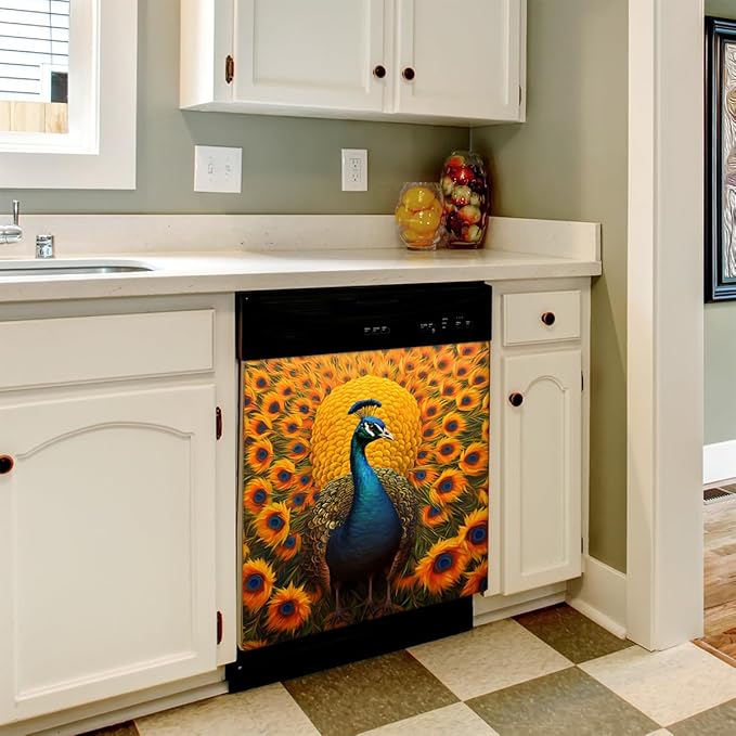 Peacock Sunflower Bright Dishwasher Magnet Cover, Reusable Refrigerator Panel Stickers Microwave Front Door Covers Magnets for Kitchen Home Appliances Holiday Party Decorations 23 X 26 in