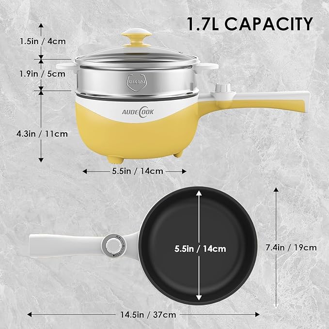 Audecook Hot Pot Electric, 1.7L Mini Electric Skillet Portable Nonstick Sauté Pan with Power Adjustment, Ramen Cooker Travel Multicooker for Steak/Soup/Egg/Oatmeal/Noodles (Tongs for Cooking Included)