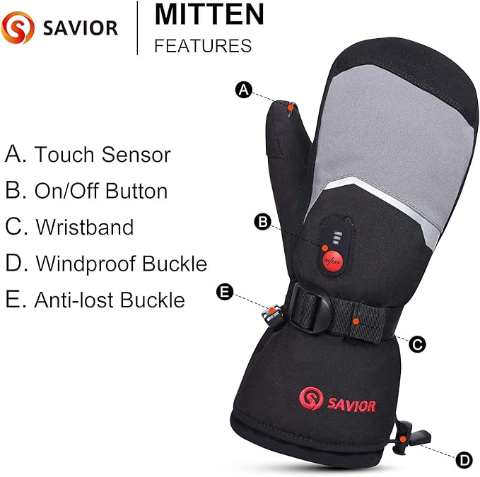 SAVIOR HEAT Heated Mittens Battery Ski Gloves, Upgraded Electric Rechargeable Mitts for Skiing Camping Hiking Arthritis Hands Men Women