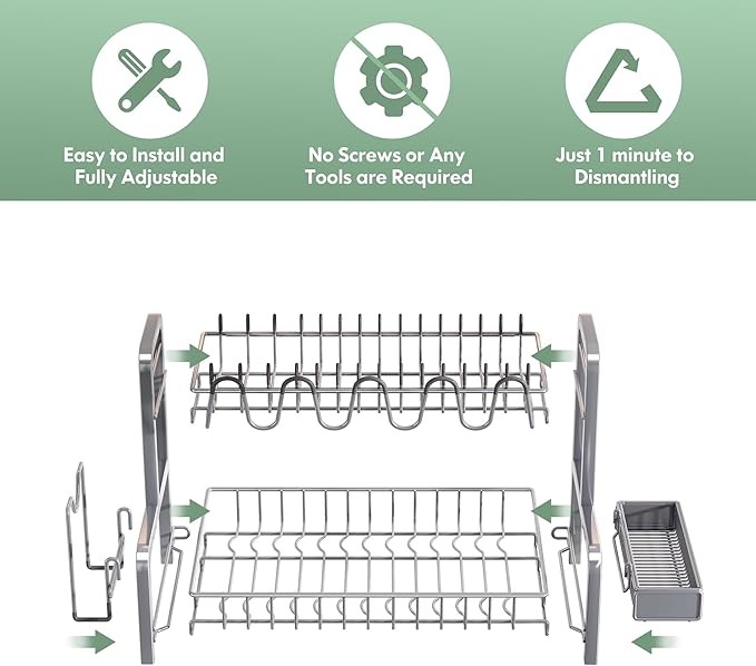 2 Tier Dish Drainers Drying Rack for Kitchen Counter Large Stainless Steel Dishes Drain with Drainboard, Space Saving, Big Modern Silver Countertop Metal Plates Dryer Strainer Holder and Extra Tray