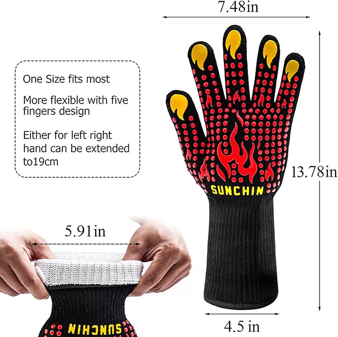 BBQ Fireproof Gloves, Grill Cut-Resistant 1472°F Heat Resistant Gloves, Non-Slip Silicone Oven Gloves, Kitchen Safe Cooking Gloves for Oven Mitts,Barbecue,Cooking, Frying,13 Inch 2pc