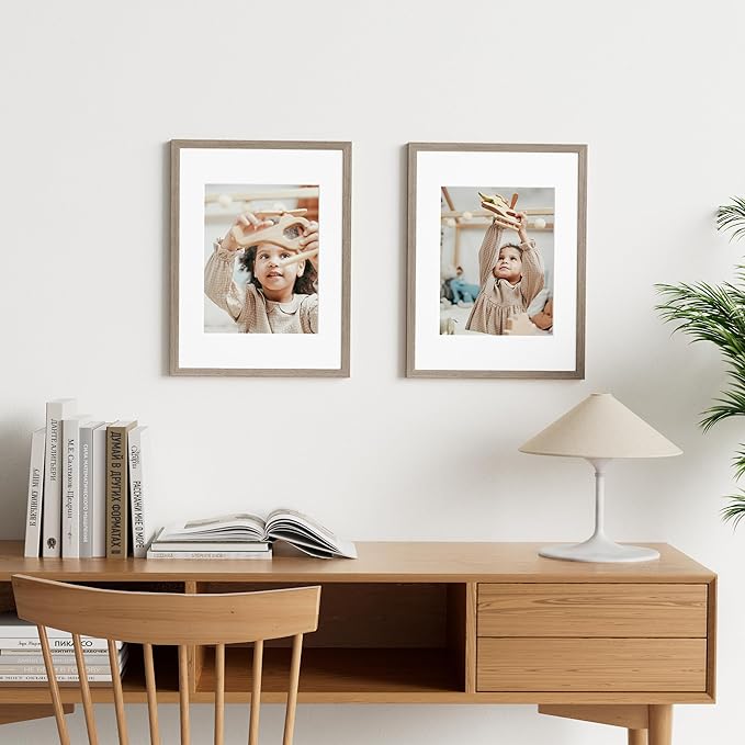 Vittanly 12x16 Picture Frame Set of 2, Solid Wood Frame for Wall Art Photo and Prints, Display Photo 8.5x11 with Mat or 12x16 without Mat, Light Brown
