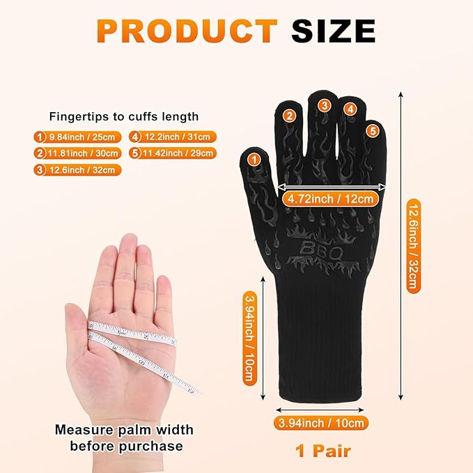 1-Pair BBQ Gloves, 1472°F Heat Resistant Non-Slip Grilling Oven Gloves for Barbecue/Baking/Cooking [L Size, Black]