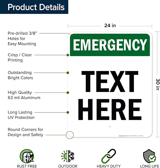 Custom Emergency Sign, OSHA Sign, 24x30 Inches, Rust Free .063 Aluminum, Fade Resistant, Made in USA by My Sign Center