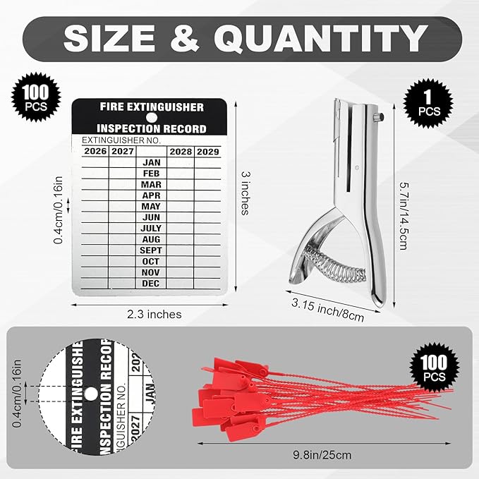 Moxweyeni 100 Set Fire Extinguisher Tag Bulk 2026-2029 Monthly Aluminum Metal Fire Extinguisher Inspection Record Tags with Tamper Seals & Hole Puncher - Tear Proof Weatherproof for Indoor Outdoor