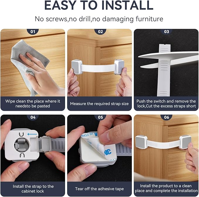 2 Pack Child Safety Cabinet Locks for Baby Proofing, Length Adjustable Latch Straps Dual Button Design for Drawers Fridge Refrigerator Doors Toilet Seat Oven