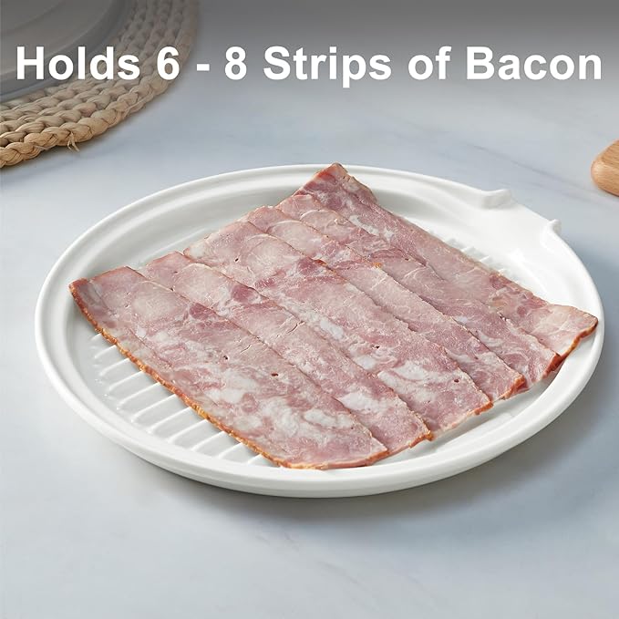 ONEMORE Microwave Bacon Tray Ceramic Bacon Cooker Meat Rack for Oven Cooking Crispy Bacon Maker - 11 inch Round Bacon Dish Plate, White