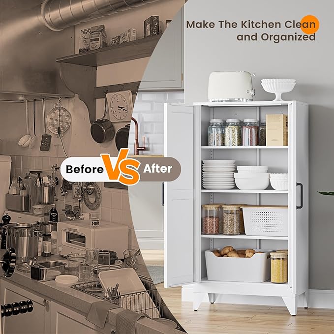 Yizosh Metal Storage Cabinet with 2 Doors and 3 Adjustable Shelves - 47" White Kitchen Pantry Storage Cabinet Locker for Kitchen,Living Room,Dining Room