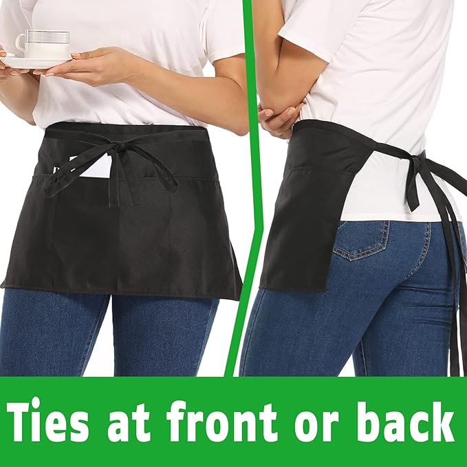NOBONDO 12 Pack Waitress Aprons with 3 Pockets - White Waist Aprons for Women Men Commercial Waiter Half Apron with Extra Long Straps Reinforced Seams for Restaurant Server Work