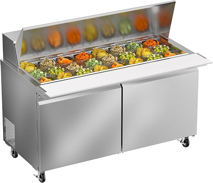 60" W Commercial Refrigerator Sandwich Salad Prep Table, 17.8 Cu.ft 2 Door Commercial Stainless Steel Mega Top Food Prep Fridge with 24 Pans, Salad Prep Station for Restaurant, Bar, Shop