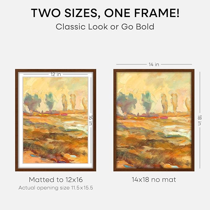 Homeforia 14x18 Picture Frame Brown, High End Dark Oak 14x18 Poster Wood Frame with Mat 12x16 for Photo, 14 x 18 Wooden Walnut Frame Matted to 12 x 16, 18x14 Frames, Tempered Glass, Wall Kit, Set of 2