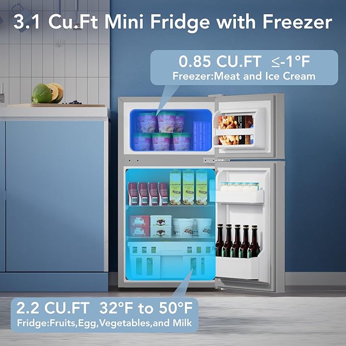 Mini Fridge with Freezer, 3.2 Cu.Ft Compact Refrigerator with 2 Doors, Small Fridge with Adjustable Thermostat & Removable Glass Shelves for Bedroom, Office, Dorm, or Apartment, Grey