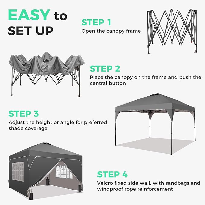 Saemoza 12x12 Pop Up Canopy Tent with One Push Setup, Outdoor Sun Shade Canopy with Vent Top for Backyard Party, Easy Up Instant Shelter with 4-Sandbags & Wheel Bag, Grey.