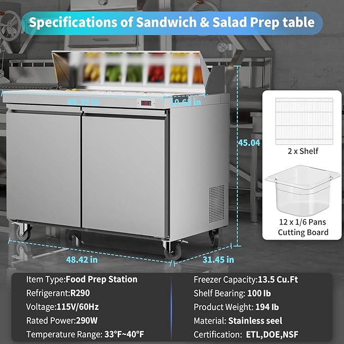 48“ Commercial Refrigerator Sandwich&Salad Prep Table Fridge with 12 Pans 2 Door Stainless Steel Counter Fan Cooling Refrigerators