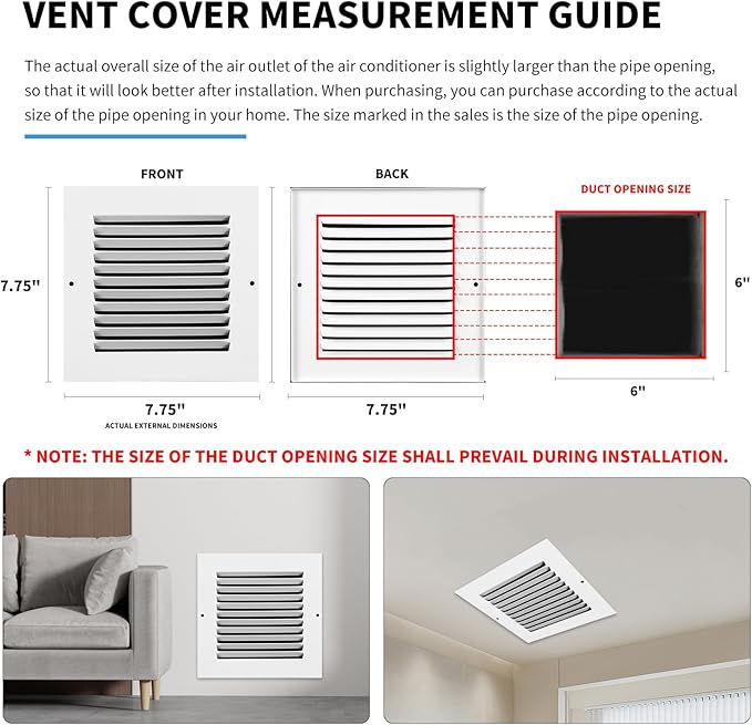 6x6 Vent Cover(Duct Opening Size),Air Return Vent Cover,Flat Vent Cover,Rejillas De Aire Acondicionado para Casa,Return Air Grilles,Outer Dimensions:7.75"Wx7.75"H(6"W x 6"H, Duct Opening)