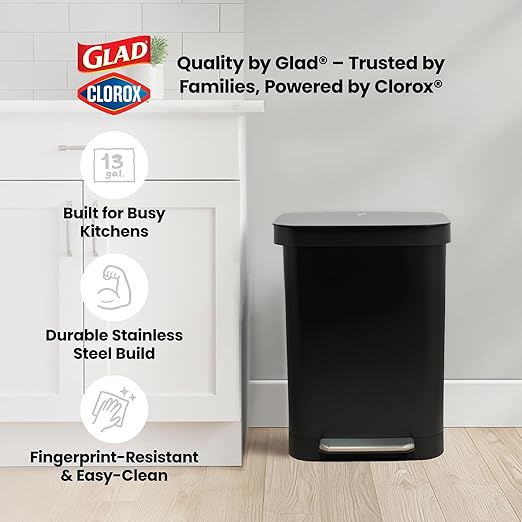 Glad Stainless Steel Step Trash Can, Series 2 with Clorox Protection - Large Black Kitchen Garbage Bin with Soft Close Lid, Foot Pedal and Waste Bag Roll Holder, 13 Gallon