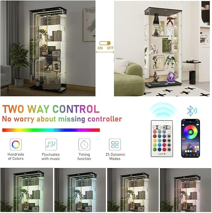 Yoluckea 5 Tiers Glass Display Cabinet with Bluetooth LED Light Strip, 2 Doors Floor Standing Curio Cabinet with Universal Wheel and Mirror Back Panel, Black Glass Bookshelf for Collections, Wood Top
