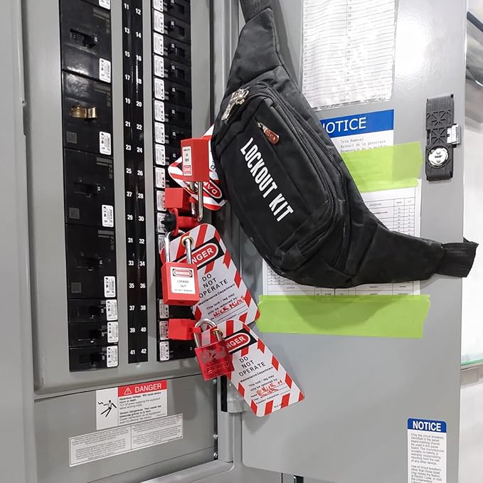 Lockout Tagout Kit - Clamp-On Circuit Breaker, Group Hasps, Tag, Universal Multi-Pole Breaker With Pocket Bag (Black Kit)