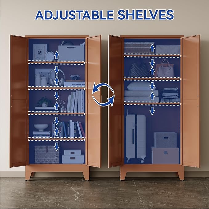 COFaR 71'' Tall Metal Pantry Cabinet, Kitchen Storage Cabinet with Doors and Shelves, Freestanding Farmhouse Food Cupboard for Kitchen Dinning Room Garage, Brown 5-Tier