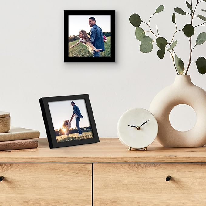 Americanflat 5x5 Picture Frame with Shatter-Resistant Glass - Streamline Collection - Thin Border Square Frame for Tabletop and Wall Display - Hanging Hardware and Easel Stand Included - Black