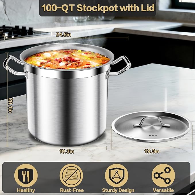 Commercial Grade Large Stock Pot - 100 QT Soup Pot with Lid - Non-Nickel Stainless Steel Stock Pots - Healthy Cookware Polished Stockpots - Heavy Duty Cooking Pots, Cookware Sauce Pots