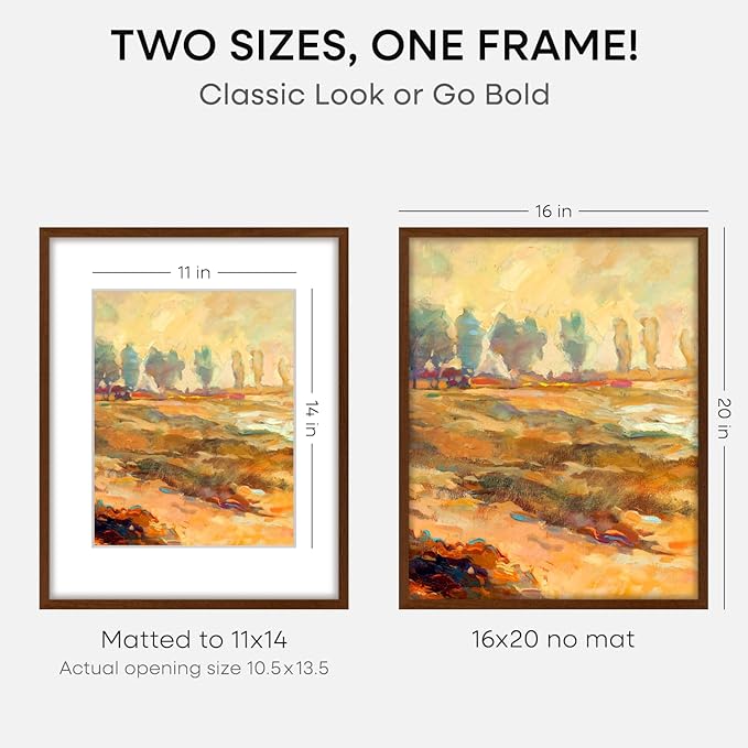 Homeforia 16x20 Picture Walnut Frame, High End Dark Oak 16x20 Wooden Brown Frames with Mat 11x14, 16 x 20 Wood Poster Frame Matted to 11 by 14, 20x16 Hanging Frames, Tempered Glass, Wall Kit, Set of 2