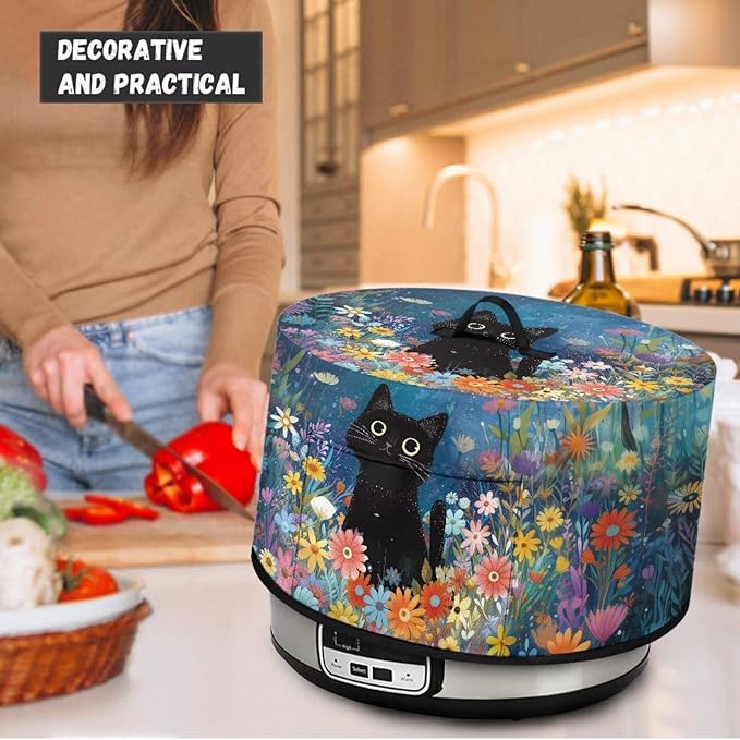 Cute Cat Daisy Floral Print Slow Cooker Dust Cover Protective with Pocket Keep Appliance Clean Fit Most 6-8 Quart Crock Pot Kitchen Appliance Organizer Kitchen Accessories