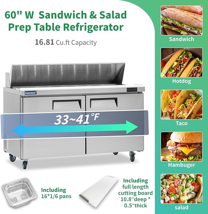 ICECASA 60" W Commercial Refrigerator Sandwich&Salad Prep Table single Door Stainless Steel Counter Fan Cooling Refrigerator with 16 pans-60 Inches for Restaurant, Bar, Shop, etc