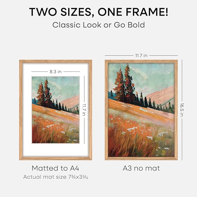 Homeforia A3 Picture Frame Wood, High-End Natural Oak 11.7 x 16.5 Wooden Poster Frames Matted to 8.3 by 11.7 Photo, A3 Size Light Wooden Frame with Mat A4 for Print, Tempered Glass, Wall Kit, Set of 3