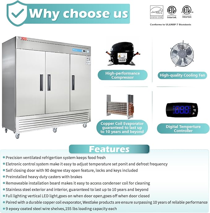 WESTLAKE 82" W Commercial Refrigerator 3 door 3 Section Stainless Steel Reach in Solid door Upright Fan Cooling 72 Cu.ft Cooler for Restuarant, Bar, Shop, etc
