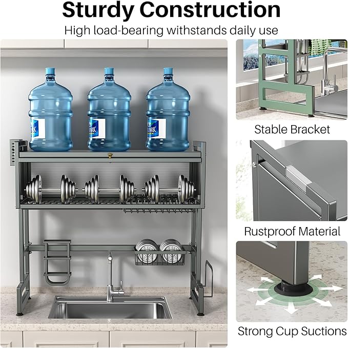 Over The Sink Dish Drying Rack with Cover, Over The Sink Dish Drainer Drying Rack 3 Tier Dish Rack, Keep Kitchen Sink Shlef Organized Space-Saving for Dishes and Cutlery (Matte Gray, 33.4" Length)