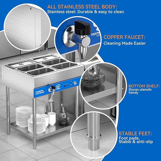 6-Pan Commercial Food Warmer, Electric Steam Table, 120V 1700W Stainless Steel Buffet Catering Food Warmer with Undershelf and Workspace, for Restaurant.