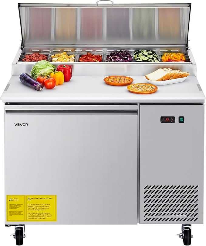 VEVOR Commercial Refrigerator, 44" W Pizza Prep Refrigerated Table, 19.3" Ultra Wide Countertop Food Prep Cooler, 11 Cu.Ft Single Door Salad Prep Fridge, 6 Pans Pizza Make Worktop with Cutting Board