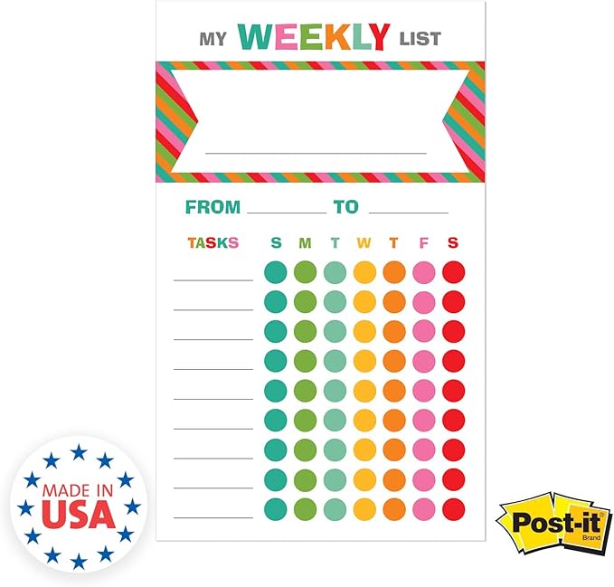 Bright Cheerful Weekly Chore Chart / 6" x 10" Sticky Note Fill-in Task List/Homeschool Task Assignment List