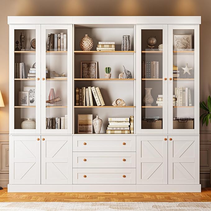 Vyre 71" Tall Farmhouse Kitchen Pantry, Large Storage Cabinets with Glass Doors, Freestanding Wood Hutch Cabinet with 3 Drawers, Adjustable Shelves for Living Room, Dining Room, Set of 3
