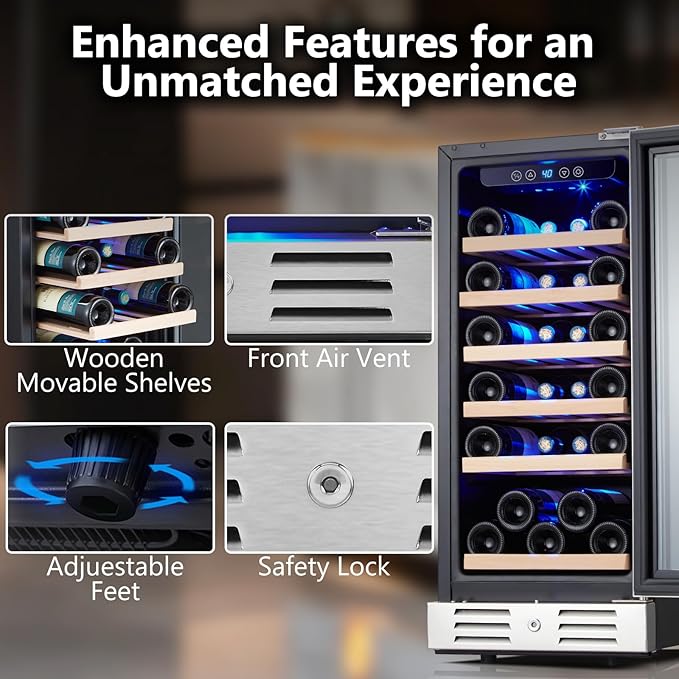 Kalamera 15 Inch Wine Cooler Refrigerator - 30 Bottle Under Counter Mini Fridge with Double-Layer Tempered Glass Door and Temperature Memory Function Built-in or Freestanding