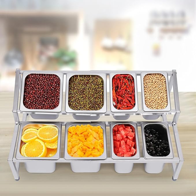Pizza Topping Station Organizer Condiment Container Dispenser with 8 Pans & Lids, Stainless Steel Ingredients Food Container Countertop Spice Rack Shelf Holder for Seasoning Sauce Salad Jam Fruits